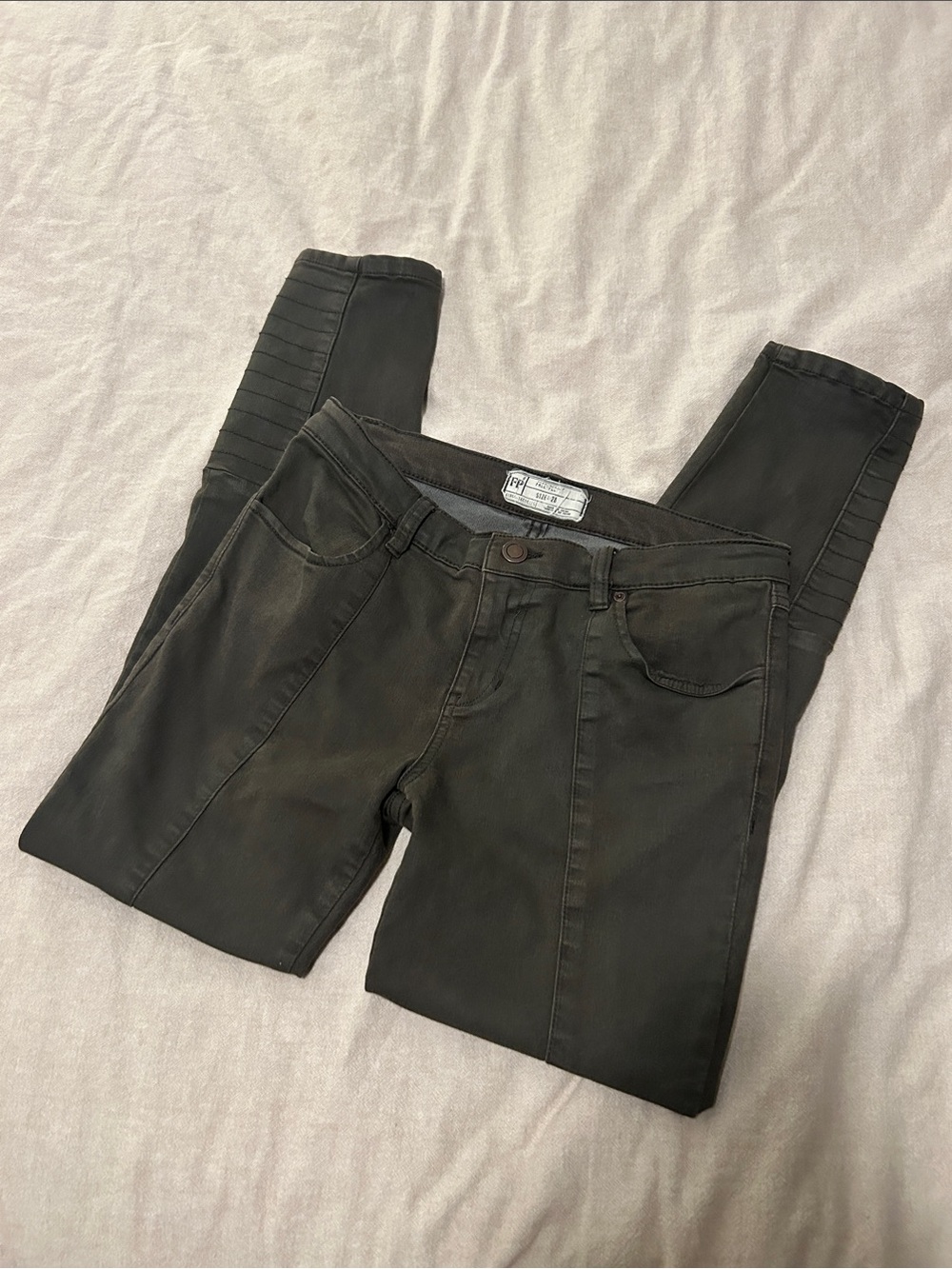 Free People Dark Olive Skinny Moto Jeans Bikercore